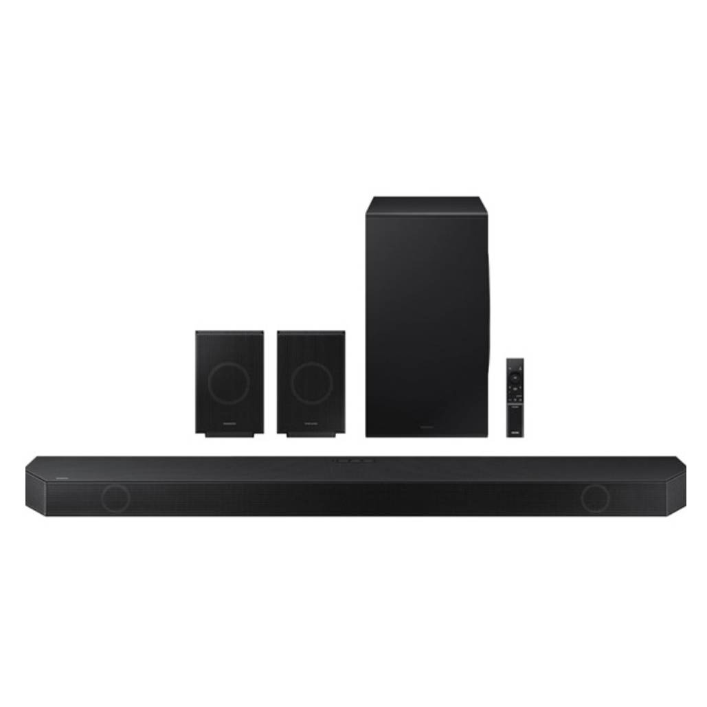 Samsung ATMOS Soundbar system includes a sleek black soundbar, two compact rear speakers, a large subwoofer, and a remote control, designed to enhance audio with surround sound capabilities.