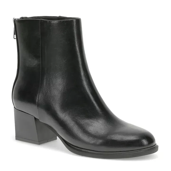 The Baretraps Bessie Booties are sleek black ankle boots with a smooth leather finish, featuring a block heel and a side zipper for easy wear.