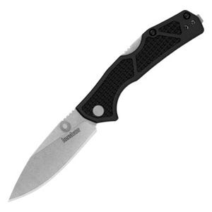 The Kershaw Debris Folding Knife features a stonewashed blade and a textured black handle with thumb studs for easy opening. It has a compact design suitable for everyday carry.