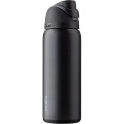 A black Owala water bottle with a flip-top lid and a carrying loop.