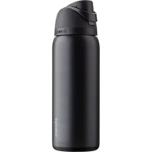 A black Owala water bottle with a flip-top lid and a carrying loop.