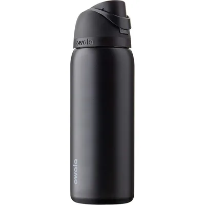 A black Owala water bottle with a flip-top lid and a carrying loop.