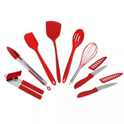 A set of red kitchen utensils including tongs, a can opener, spatulas, a whisk, a slotted spoon, and two knives with blade covers.