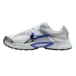 A white Nike running shoe with blue and black accents, featuring a prominent blue-outlined Swoosh logo and a mesh upper for breathability.