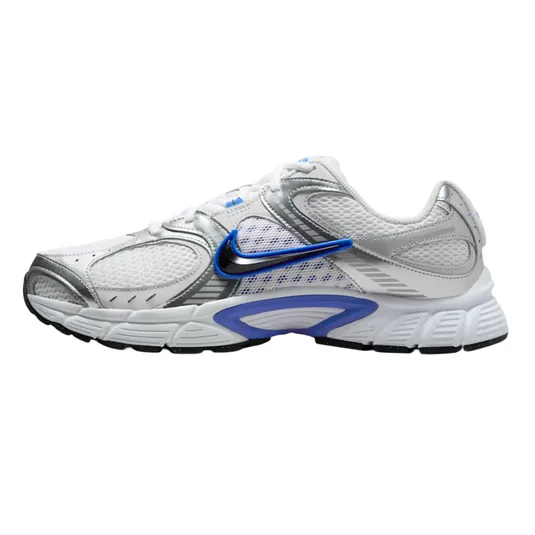 A white Nike running shoe with blue and black accents, featuring a prominent blue-outlined Swoosh logo and a mesh upper for breathability.