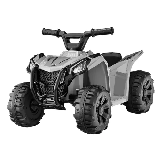 A children's ride-on ATV with a rugged design, featuring large textured wheels and sturdy handlebars.