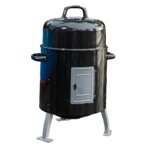 Vertical charcoal smoker with a thermometer, multiple vents, and a front access door, standing on four legs.