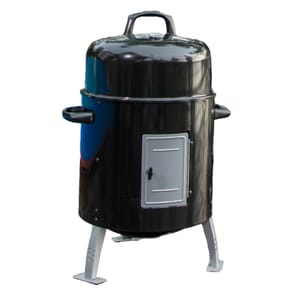 Vertical charcoal smoker with a thermometer, multiple vents, and a front access door, standing on four legs.