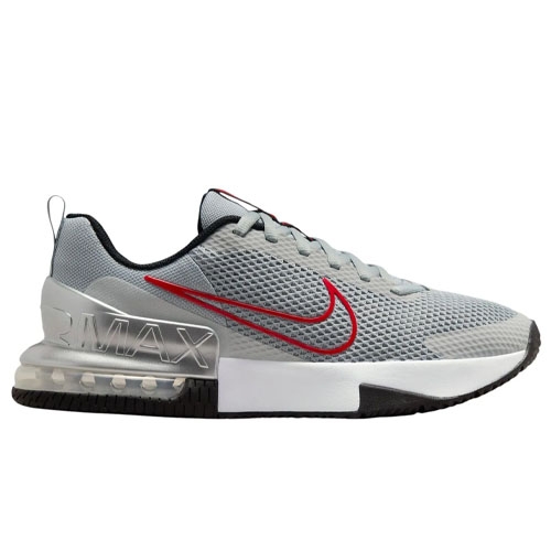 A gray athletic shoe with red accents, featuring a visible Air Max unit in the heel and a mesh upper for breathability.