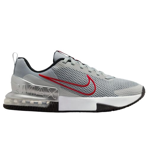 A gray athletic shoe with red accents, featuring a visible Air Max unit in the heel and a mesh upper for breathability.