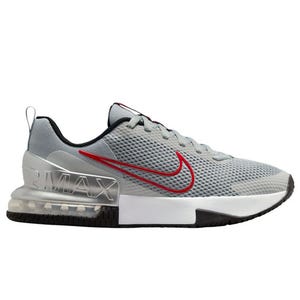 A gray athletic shoe with red accents, featuring a visible Air Max unit in the heel and a mesh upper for breathability.