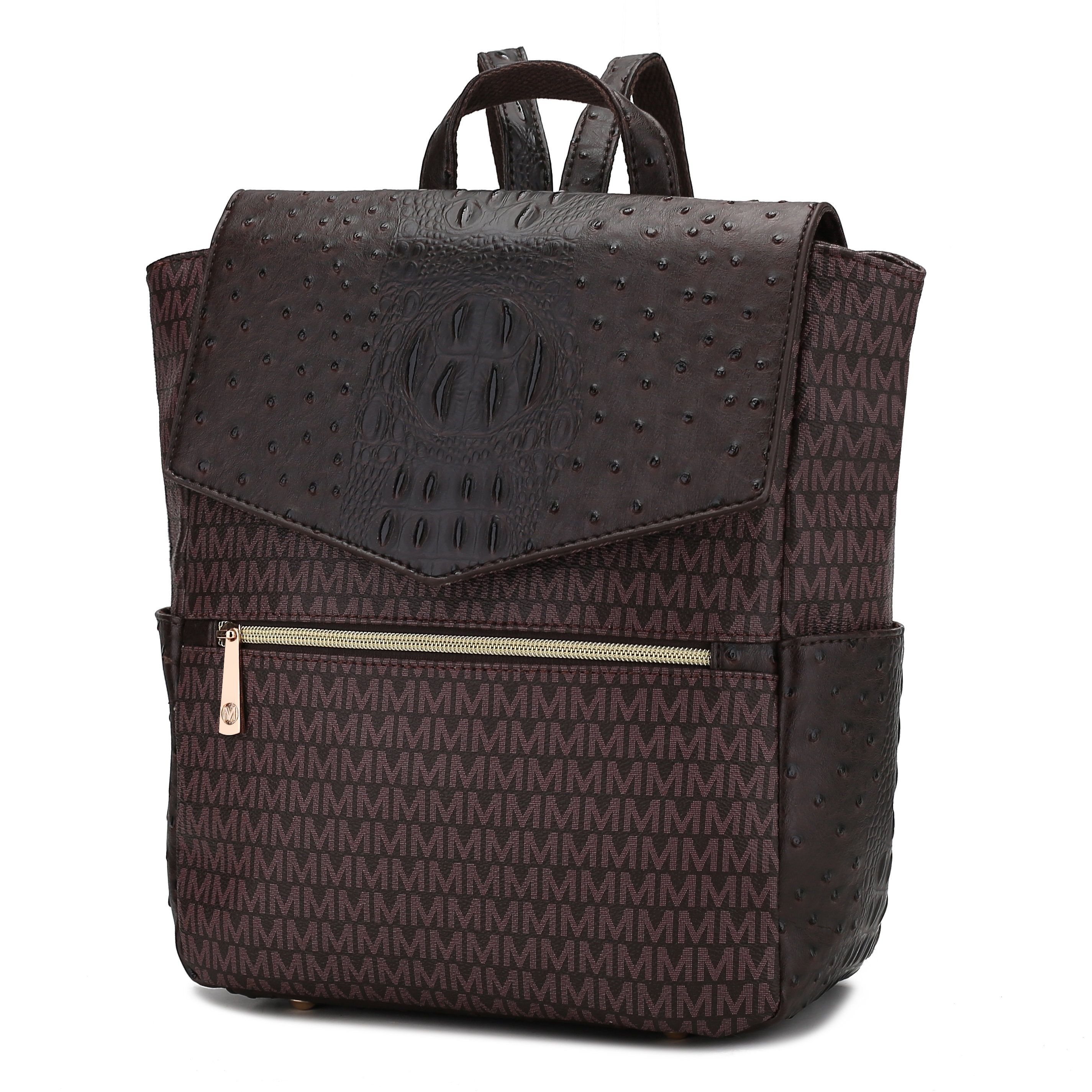 Dark brown backpack with an \“M\“ pattern, featuring an embossed texture on the flap and a front zipper pocket with a gold-toned pull tab.