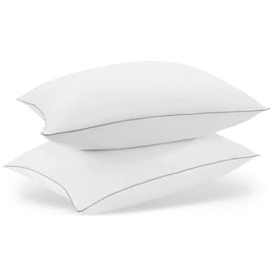 Two white pillows with a slight curve on the top side, set against a white background.