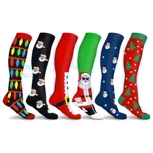 Colorful holiday-themed knee-high socks featuring patterns like Christmas lights, Santa, snowmen, and Christmas trees.
