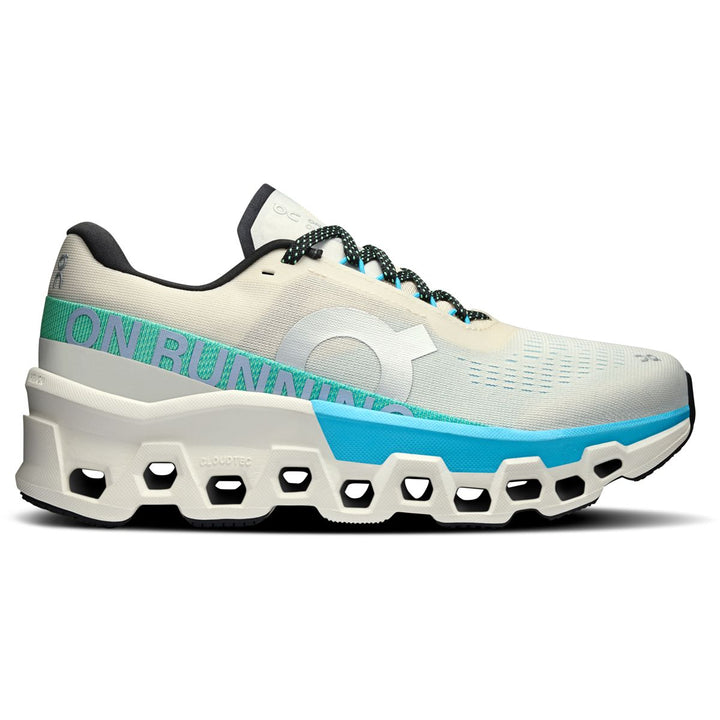 A stylish running shoe with a white and turquoise design, featuring a unique, segmented sole for cushioning and support.