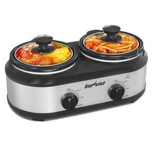 A dual slow cooker with two separate pots, each with individual temperature controls for warm, low, and high settings.