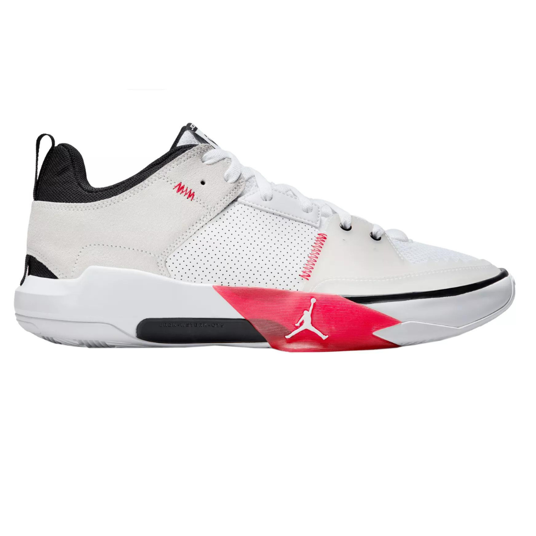 White and black basketball shoe with a red logo and accent on the side.