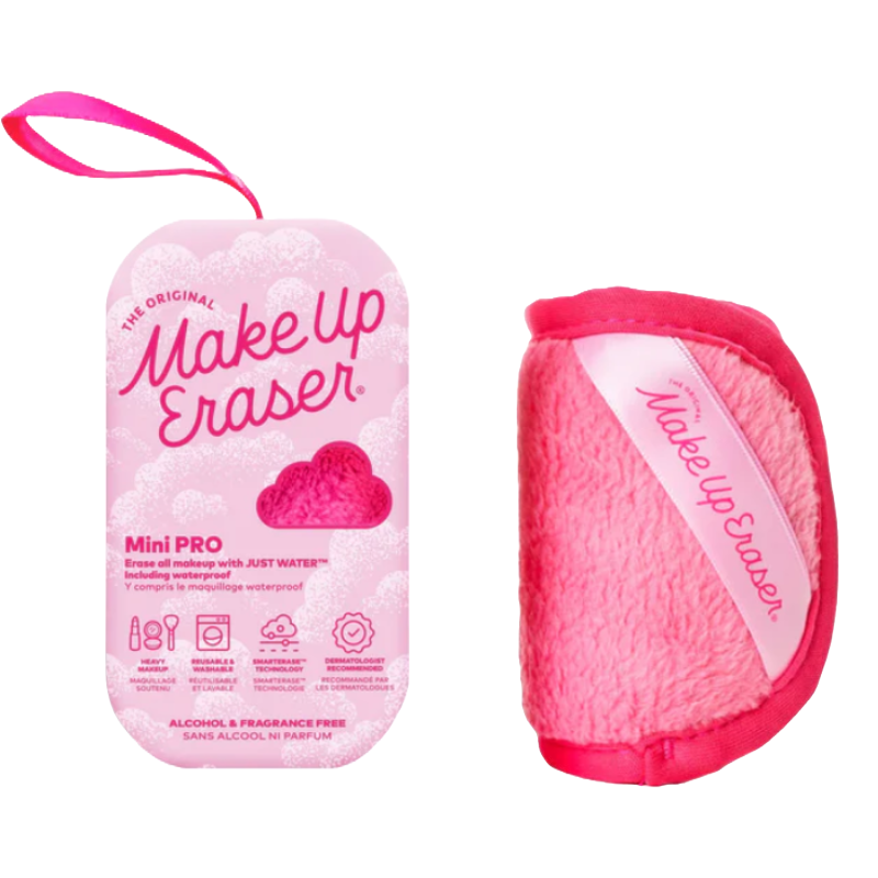 The Mini Pro Classics are reusable makeup remover pads in pink, designed to erase all makeup, including waterproof, with just water. They are alcohol and fragrance-free, dermatologist recommended, and packaged in a cloud-themed container.