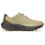 A tan suede shoe with a black, rugged sole, suitable for outdoor activities. The design includes a lace-up closure and a textured outsole for grip.