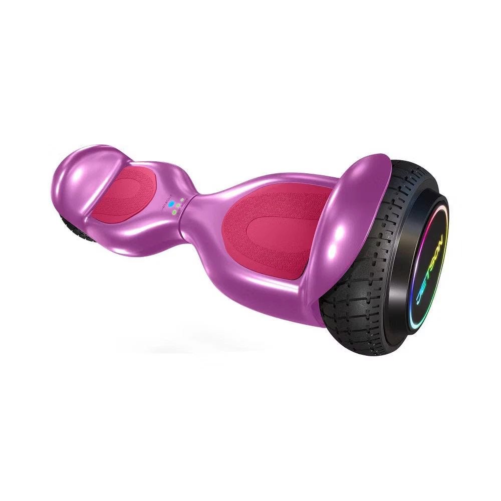 Pink hoverboard with textured foot pads, black tires, and LED lights on the wheels.