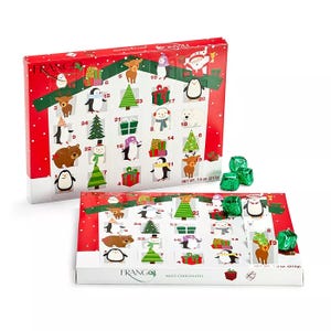 Two Frango mint chocolate advent calendars with festive holiday designs featuring reindeer and Santa Claus are displayed, one open to reveal chocolate pieces.