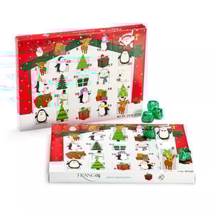 Two Frango mint chocolate advent calendars with festive holiday designs featuring reindeer and Santa Claus are displayed, one open to reveal chocolate pieces.