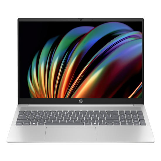 HP laptop with a silver body and full-sized keyboard, displaying colorful abstract wallpaper on screen.