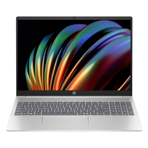 HP laptop with a silver body and full-sized keyboard, displaying colorful abstract wallpaper on screen.