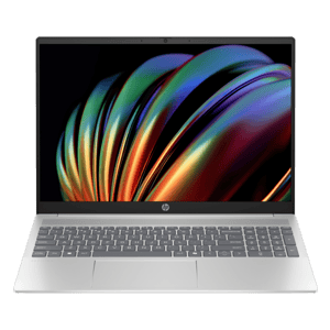 HP laptop with a silver body and full-sized keyboard, displaying colorful abstract wallpaper on screen.