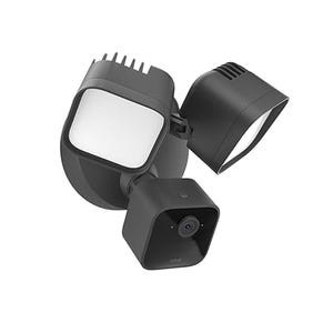 A black Blink Wired Floodlight Camera featuring a dual floodlight design and an integrated camera for security monitoring.