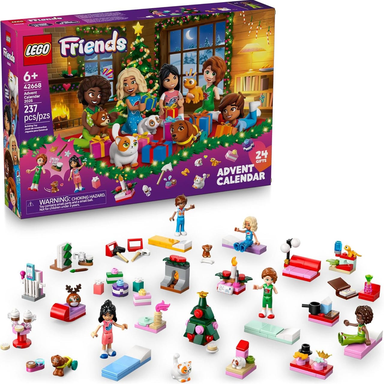 LEGO Friends Advent Calendar with 237 pieces, featuring mini-figures, pets, and festive themed builds including a Christmas tree and gifts. Suitable for ages 6 and up.