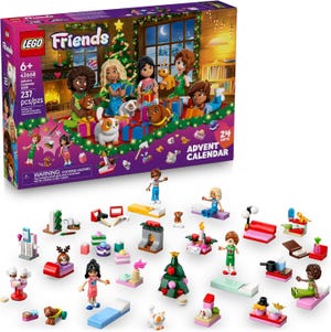 LEGO Friends Advent Calendar with 237 pieces, featuring mini-figures, pets, and festive themed builds including a Christmas tree and gifts. Suitable for ages 6 and up.