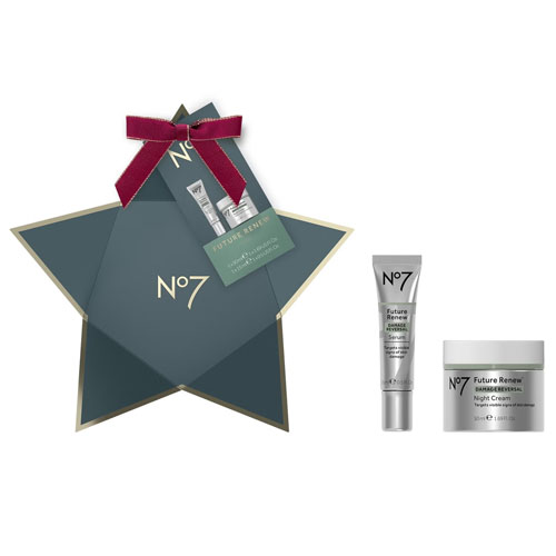 No7 Future Renew Duo features a tube of Day Cream and a jar of Night Cream, both designed to support the skin's renewal process. Packaged in a star-shaped box with a decorative bow, it's suitable for gifting.