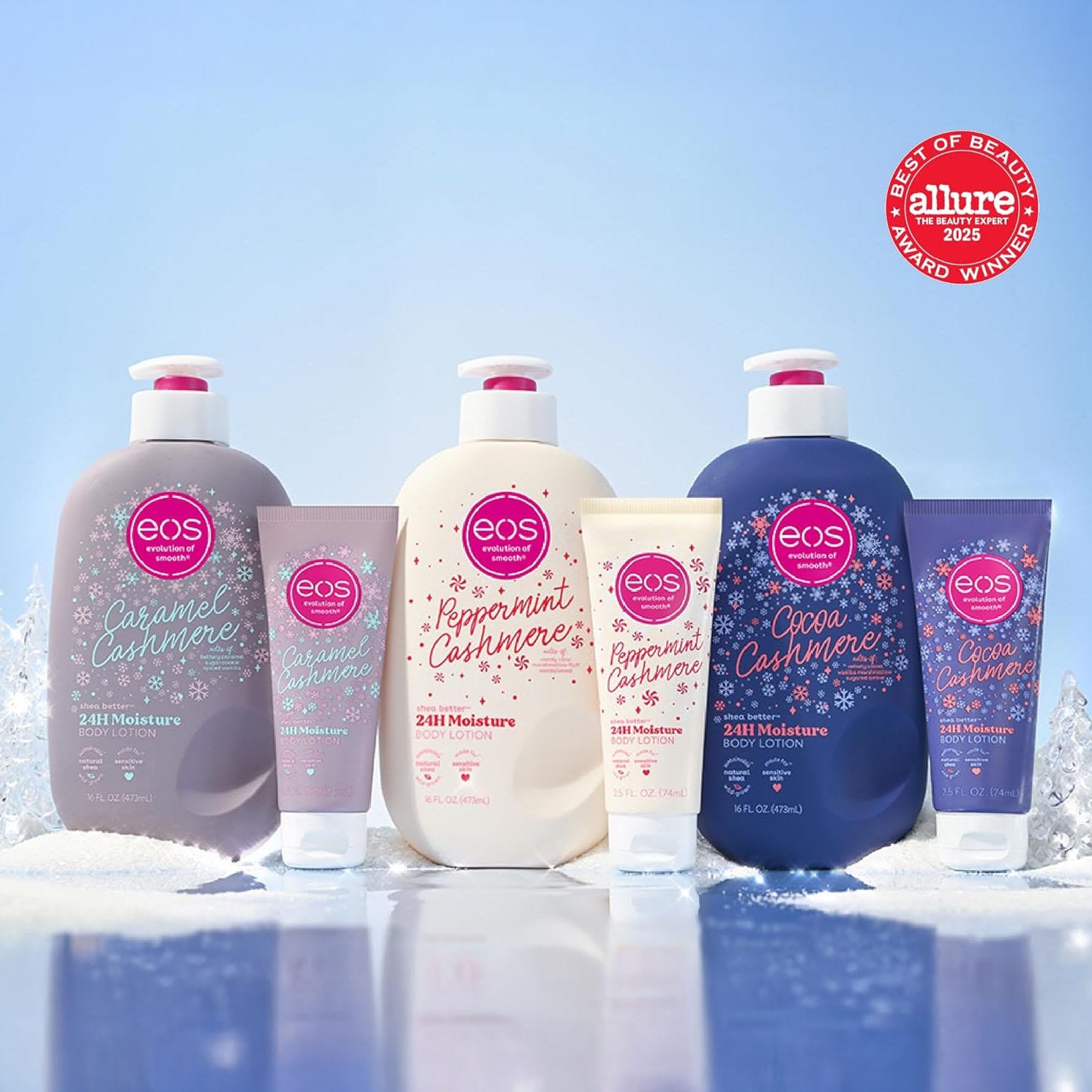 EOS 24H Moisture Body Lotion collection in Caramel Cashmere, Peppermint Cashmere, and Cocoa Cashmere scents, featuring various bottle and tube sizes. Awarded \“Best of Beauty 2023\“ by Allure.