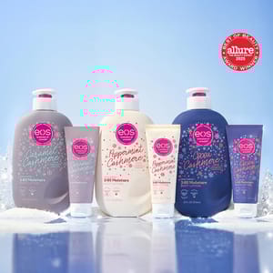 EOS 24H Moisture Body Lotion collection in Caramel Cashmere, Peppermint Cashmere, and Cocoa Cashmere scents, featuring various bottle and tube sizes. Awarded \“Best of Beauty 2023\“ by Allure.