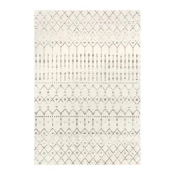 A beige rug with a geometric pattern featuring diamond and vertical line designs in a muted tone.