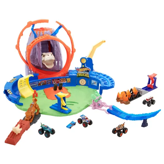Hot Wheels Monster Trucks playset with a dinosaur-themed design, featuring ramps, loops, and several monster trucks for dynamic play.