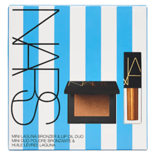 NARS Mini Laguna Bronzer & Lip Oil Duo, featuring a bronzing powder and lip oil in a compact set with a striped blue and white background.