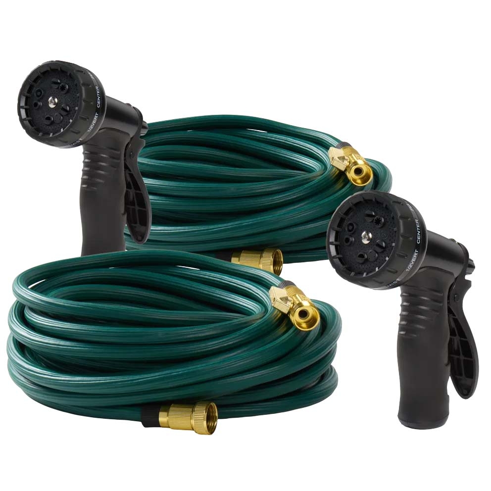 Two coiled green garden hoses with brass connectors, each featuring adjustable spray nozzles with a variety of water settings.