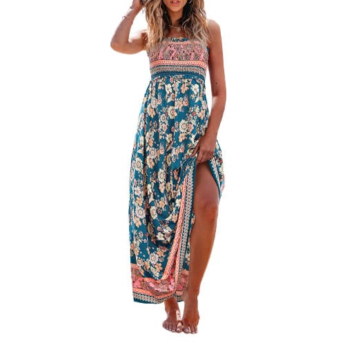 A floral-print maxi dress features a sleeveless design, smocked bodice, and side slit, combining teal, pink, and orange colors in a summer style.
