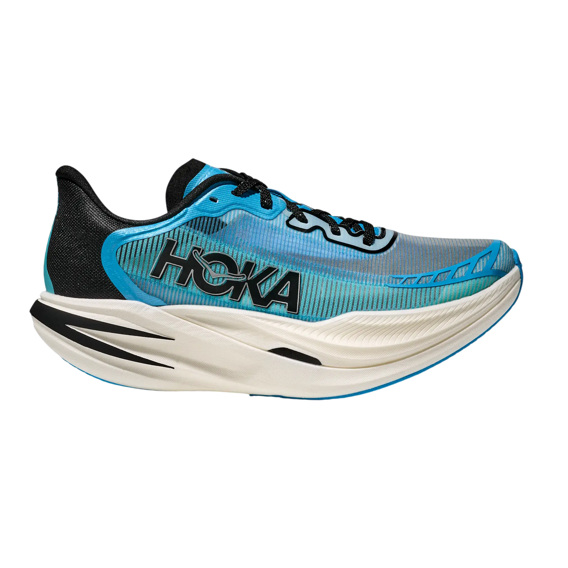 A blue and black Hoka running shoe featuring a cushioned sole and sleek design for comfort and performance.