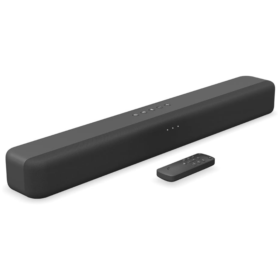 A sleek black soundbar with a remote control, featuring top-mounted buttons and an LED display.