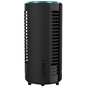 A cylindrical black air purifier with vertical slits and a glowing blue top, labeled \“ATOM 1.\“
