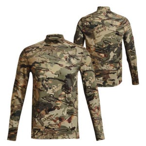 Military-style camouflage long-sleeve shirt with a high collar, displayed from front and back views.