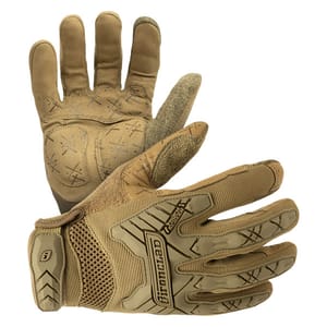 A pair of tactical gloves in a tan color with reinforced grips, breathable mesh, and adjustable wrist straps.