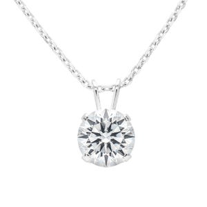 A 2-carat diamond solitaire necklace featuring a round diamond set in a four-prong mount, suspended from a delicate silver chain.