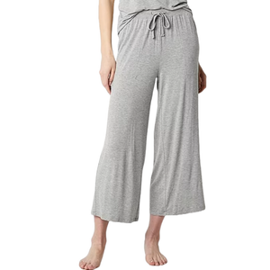 Grey wide-leg pajama pants with a drawstring waist made from soft fabric, providing a comfortable and relaxed fit.