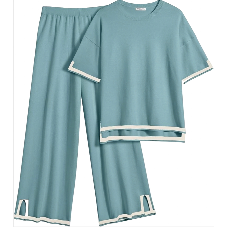 This is a women’s loungewear set consisting of a short-sleeved, teal top with white stripe accents on the sleeves and hem, and matching wide-leg pants with white trim around the cuffs.