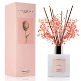 Cocorrína reed diffuser in a Sandalwood Rose scent, featuring a bottle with decorative reeds and small pink flowers, alongside its matching pink packaging.