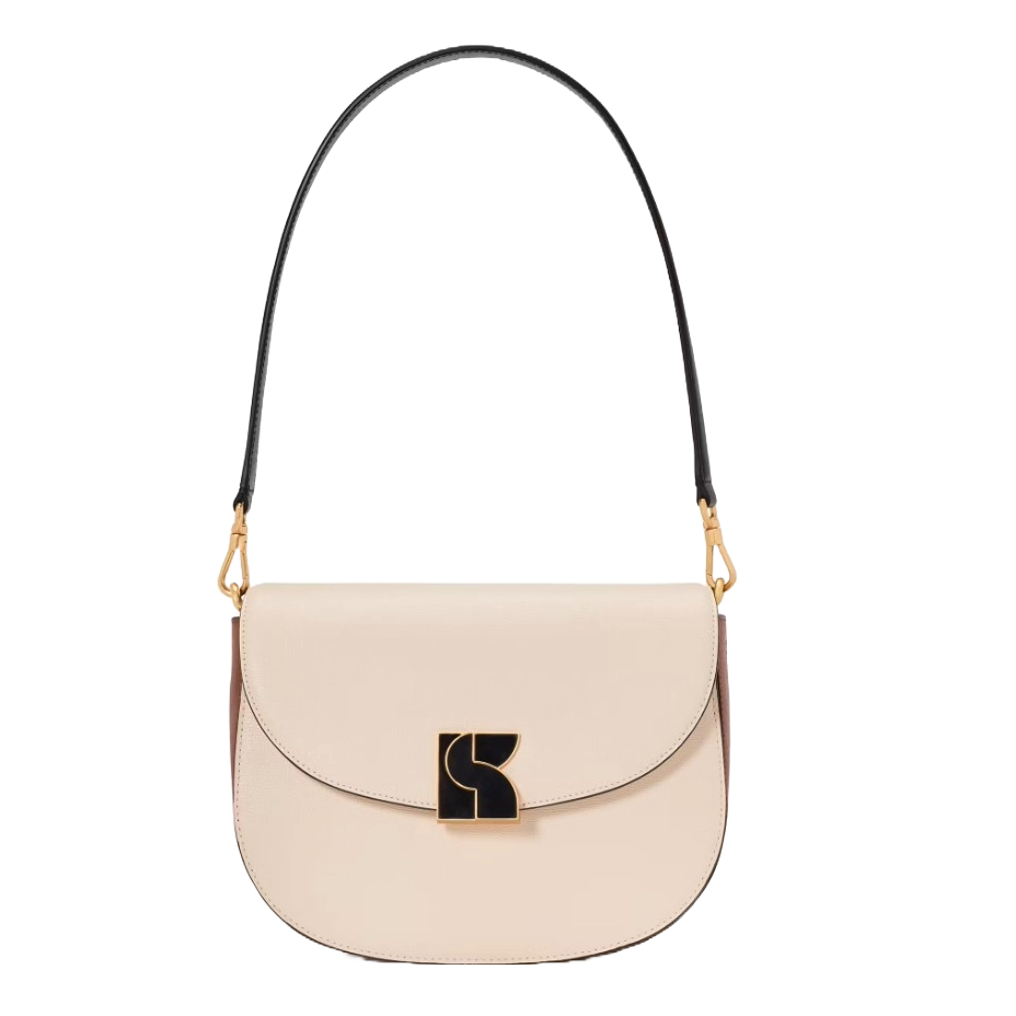 A beige shoulder bag with a black handle and a distinctive gold and black clasp in the center.